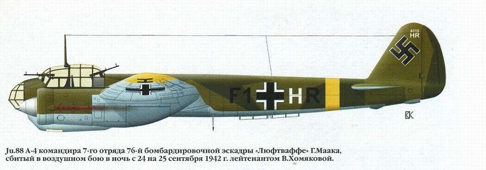 马克驾驶的ju 88 a-4轰炸机被霍米亚科娃中尉击落.